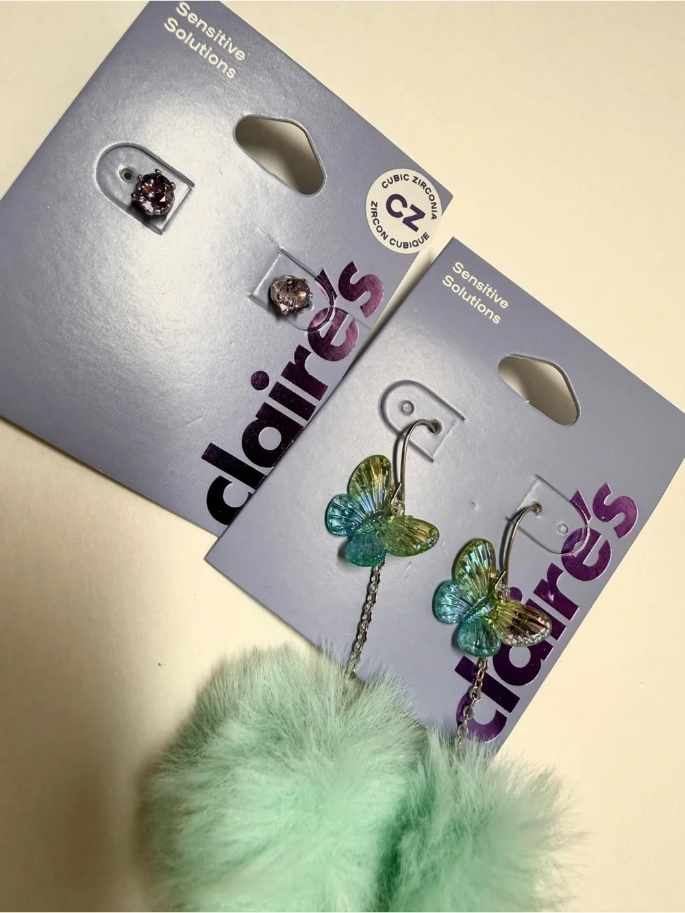 Claire's Mint Faux-Fur Pom Drop Earrings with Iridescent Butterfly Charms